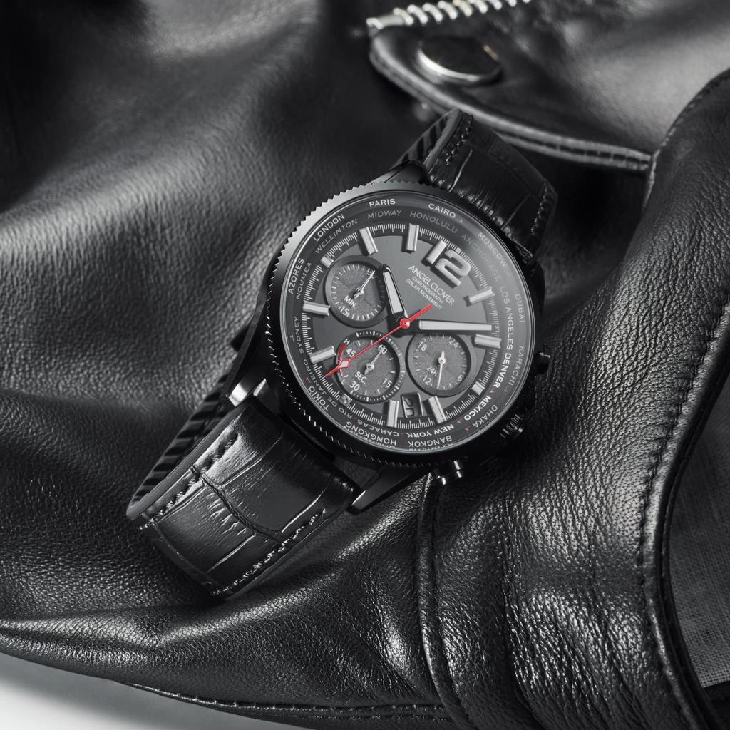 Watch Angel Clover Mondo Solar Black Dial Stainless Steel Calf Solar Quartz 43MM Watch [ANGELCLOVER] Leather/Rubber MOS42BBK-BK Men's