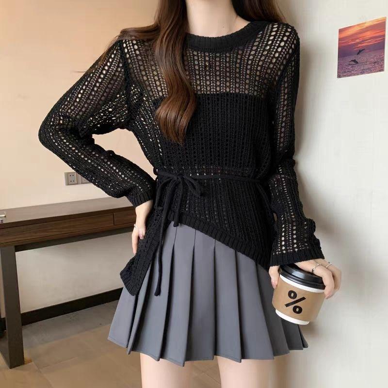 Irregular Hollowed Out Knitted Women's Summer Design Sense Tied Waist and Sun Protection Shirt Paired with Air Conditioning Cover Top
