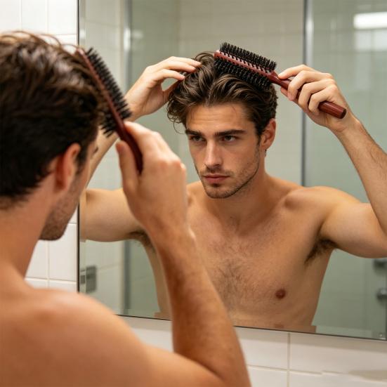 Boar Bristle Round Hair Brush Portable Hair Straightening Curling Volumizing Detangling Brush Men Women Hair Comb with Wooden Handle