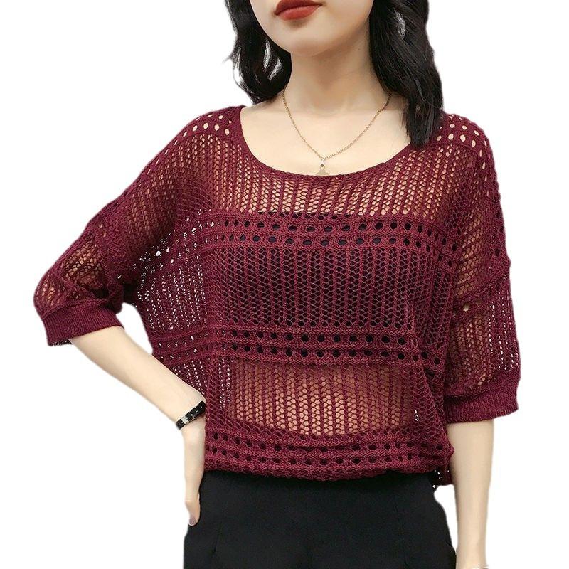Female Hoodie Leisure, Elegant, Sexy Spring Hollow Round Neck Short Sleeve Knitted Top Summer Short-sleeved Hollowed Out Knit Shirt