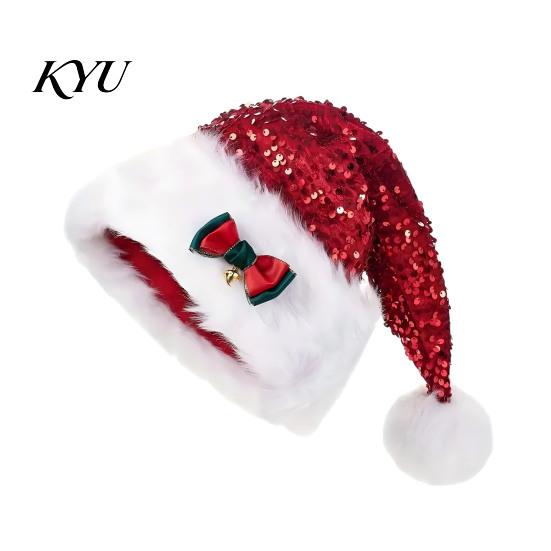 Cute Xmas Headgear for Family Christmas Sparkly Sequins Santa Hat Adults, Velvet Plush Glitter Bling Warm Ear Protection Holiday Cap with Fluffy