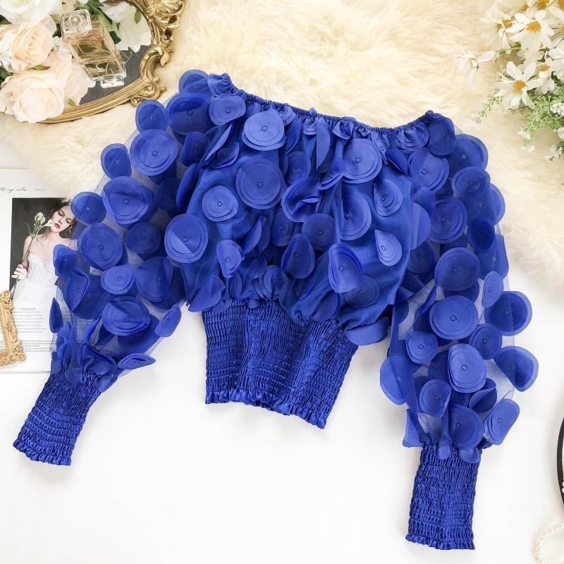 Модные 3D-цветы с рукавами-фонариками, облегающие сексуальные блузки для женщин, прозрачные сетчатые топы с вырезом-лодочкой, шифоновая рубашка для женщин, однотонная повседневная блузка с открытыми плечами 26475