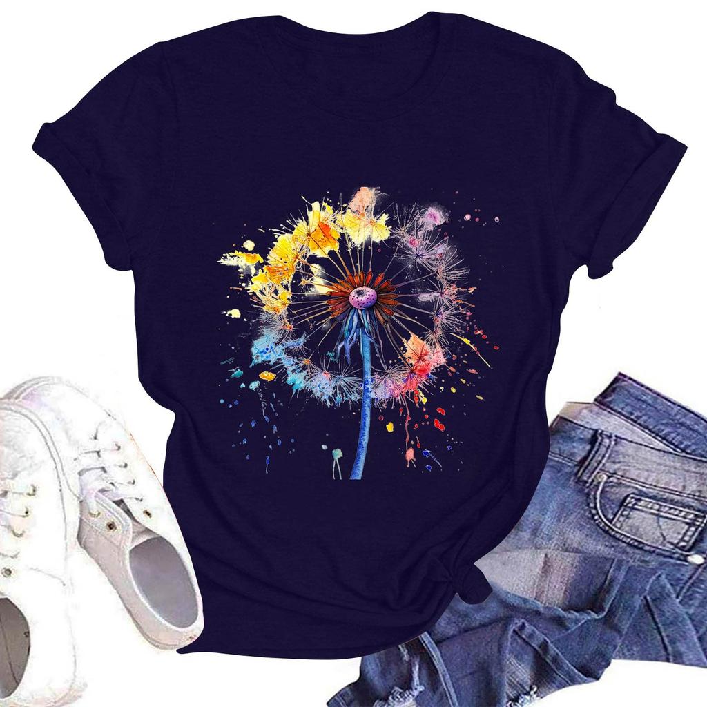 Women's Casual Round Neck Short Sleeve Pullover Printed T-Shirt Top