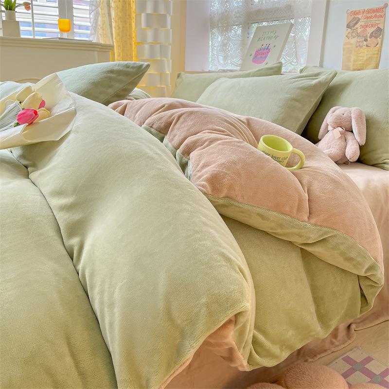Thickened Milk Fleece Four-Piece Set, Solid Color Coral Fleece Bed Sheet Quilt Cover, Fleece Bedding Three-Piece Set