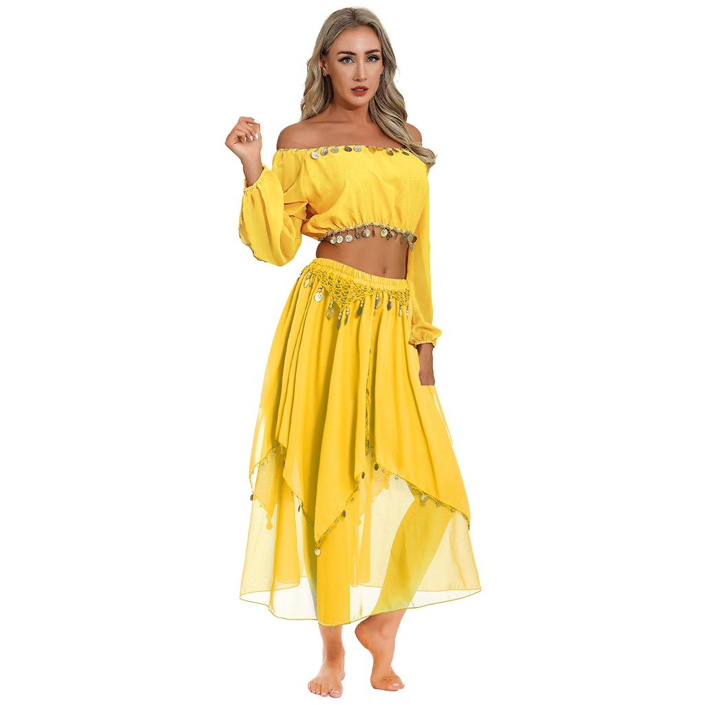 Женский костюм для танца живота с блестящими пайетками, укороченный топ с длинными рукавами-фонариками и шифоновая юбка