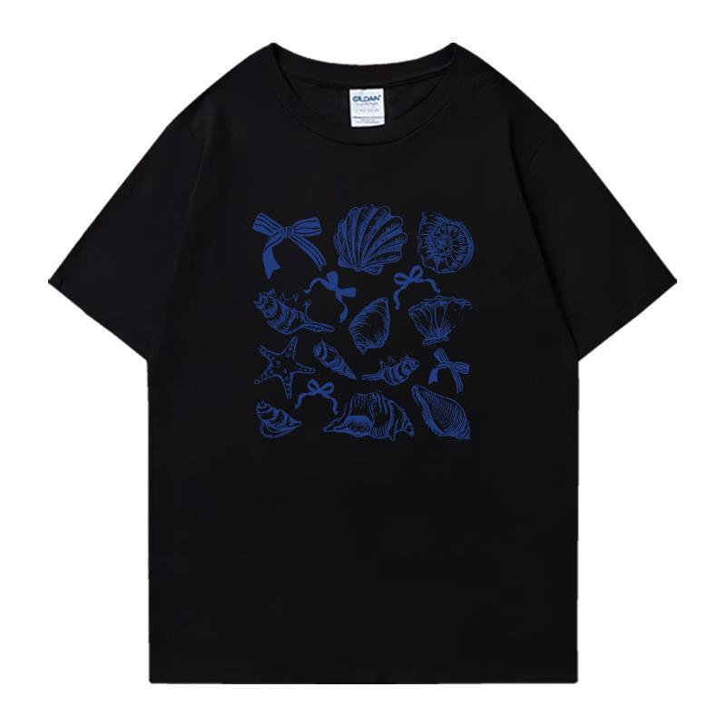 Популярная женская футболка оверсайз с рисунком морского животного — раковины и банта, унисекс, хлопковая, для мужчин и женщин, повседневная, с коротким рукавом, летняя.