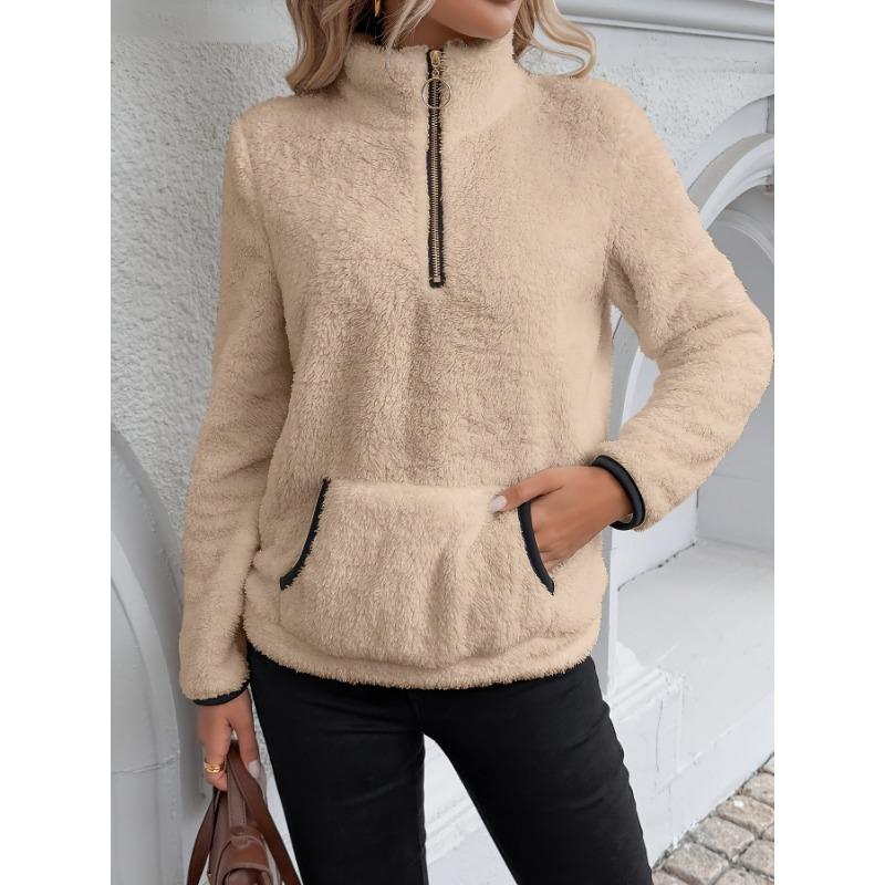 Women Half Zip Pocket Plush Hoodie Autumn Winter