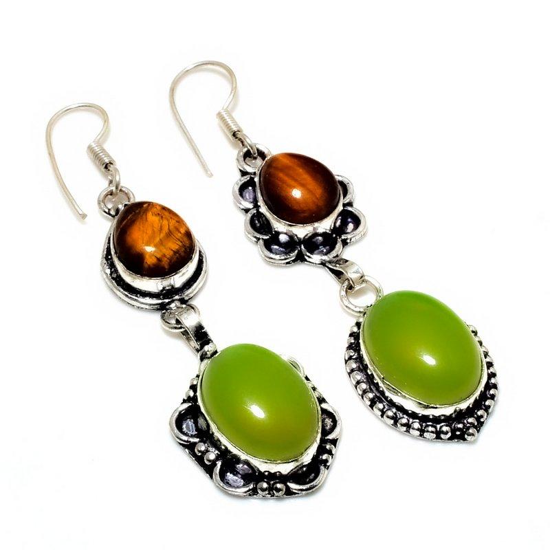 Green Chalcedony Tiger Eye Gemstone 925 Silver Plated Jewelry Earring 2.46"