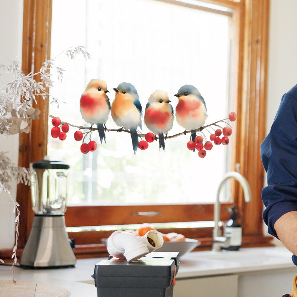 Ручная роспись акварелью птицы и красные ягоды на ветке Настенная наклейка Буколический Самоклеящийся Съемный Декор для Дома Гостиной