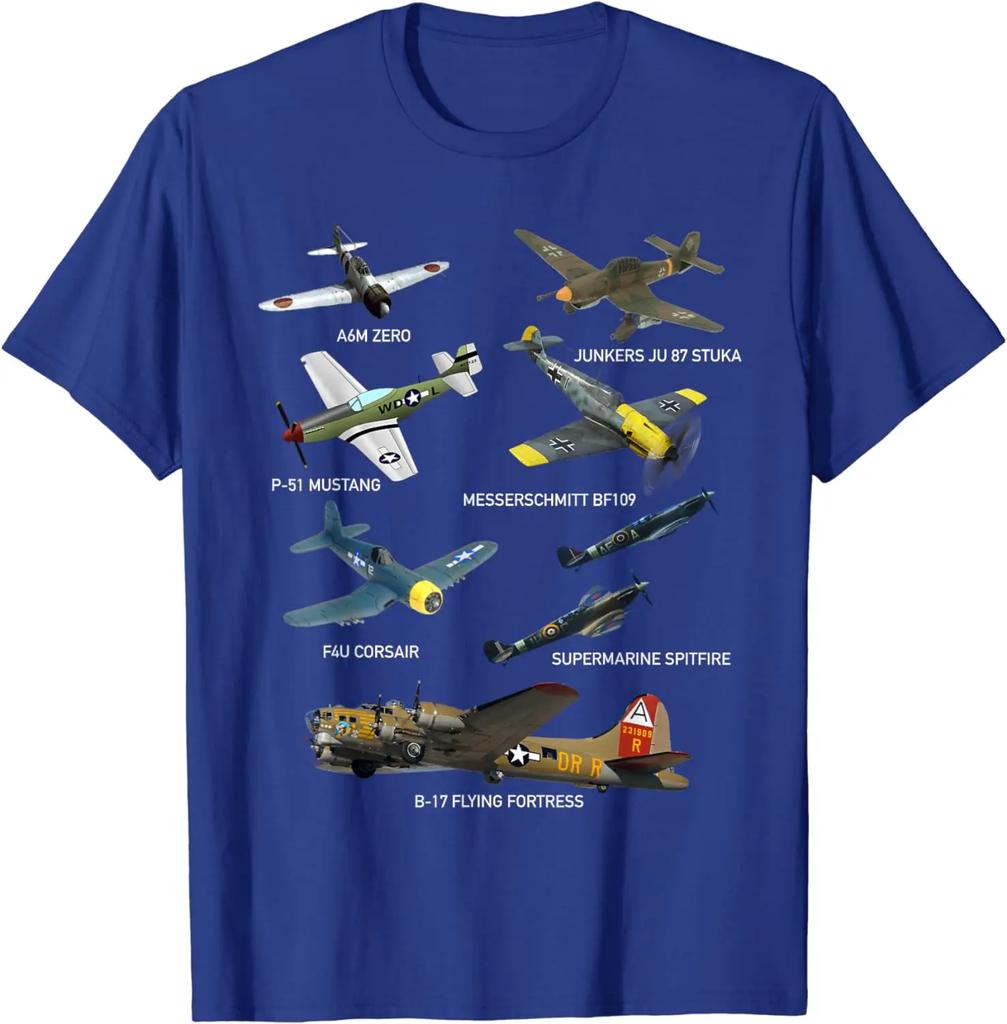 WW2 Planes Warbirds P51 Mustang Spitfire Messerschmitt T-Shirt Short Sleeve Casual Cotton O-Neck T Shirts