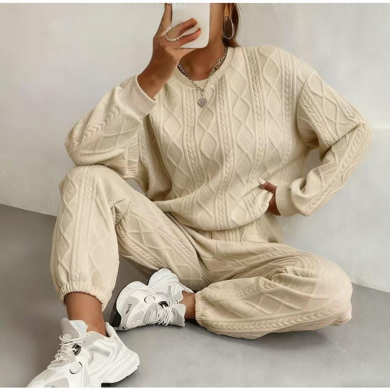 VEZFAA Женские Модные Повседневные Весенне-Осенние Однотонные с Принтом Длинный Рукав Круглый Вырез Брючные Костюмы