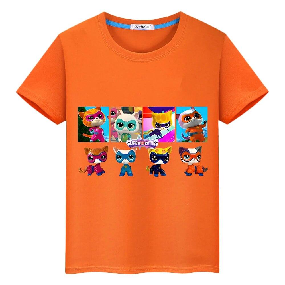 Super Kitties Boys Clothes Summer 100%Cotton T Shirt Y2k One Piece Casual Anime Tees Kawaii Short Print Tops Kids Clothes Girls