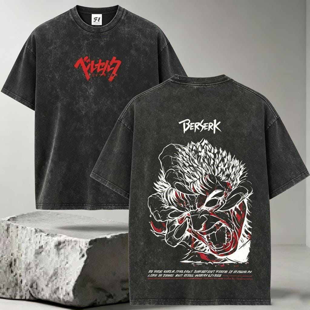 Графическая футболка Berserk в стиле гранж и ретро, двусторонняя, выцветшая черная, с изображением Зверя-Демона, унисекс, оверсайз, футболка Berserk в стиле темного фэнтези
