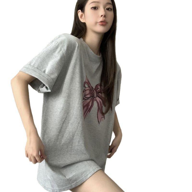 Lower clothes missing short-sleeved t-shirt women's summer Korean loose medium and long large version top 2026 new dress