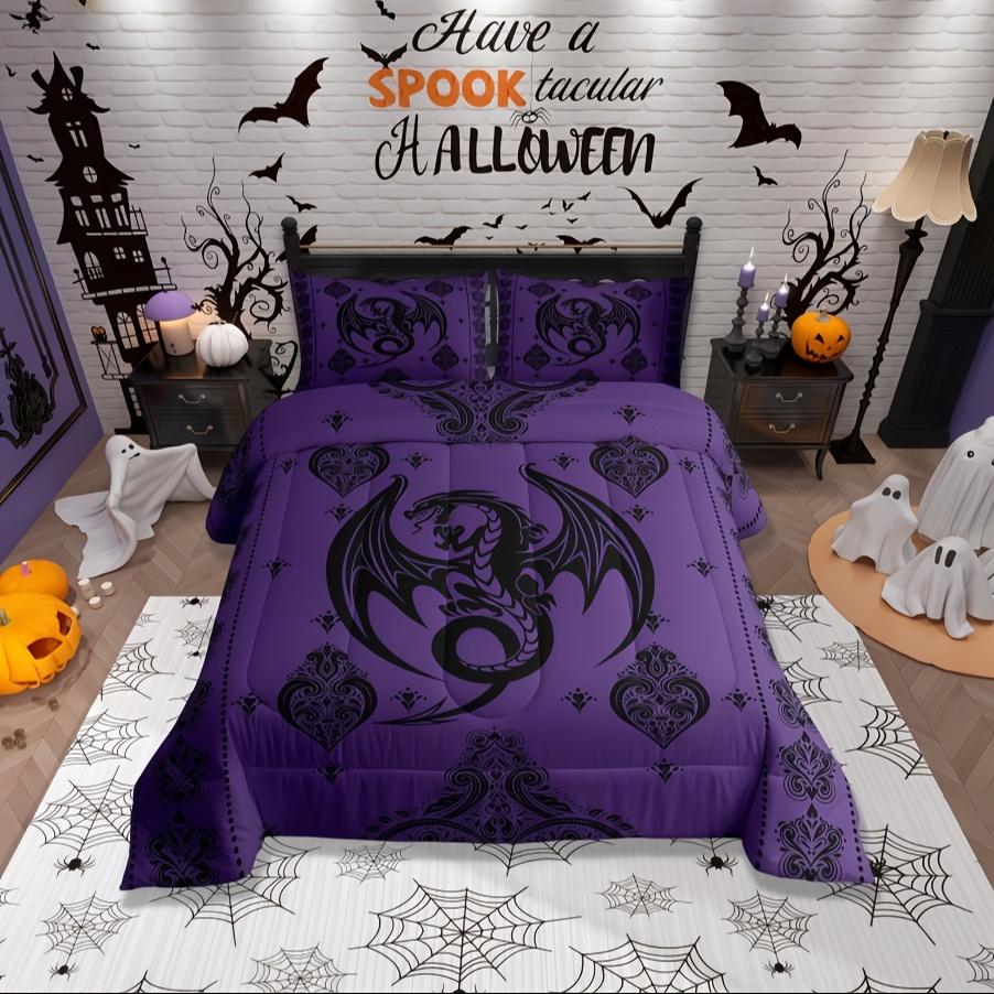 3pcs Purple Black Dragon Comforter Set Queen Size Vintage Boho Floral Print Bedding Set Paisley Pattern Quilt Set
