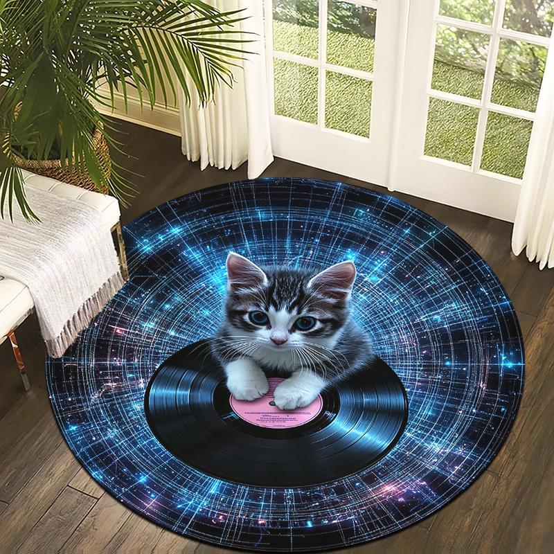 Cat Space Style Flannel-printed round floor mats are slip-resistant Suitable for living room bedroom terrace garden carpets