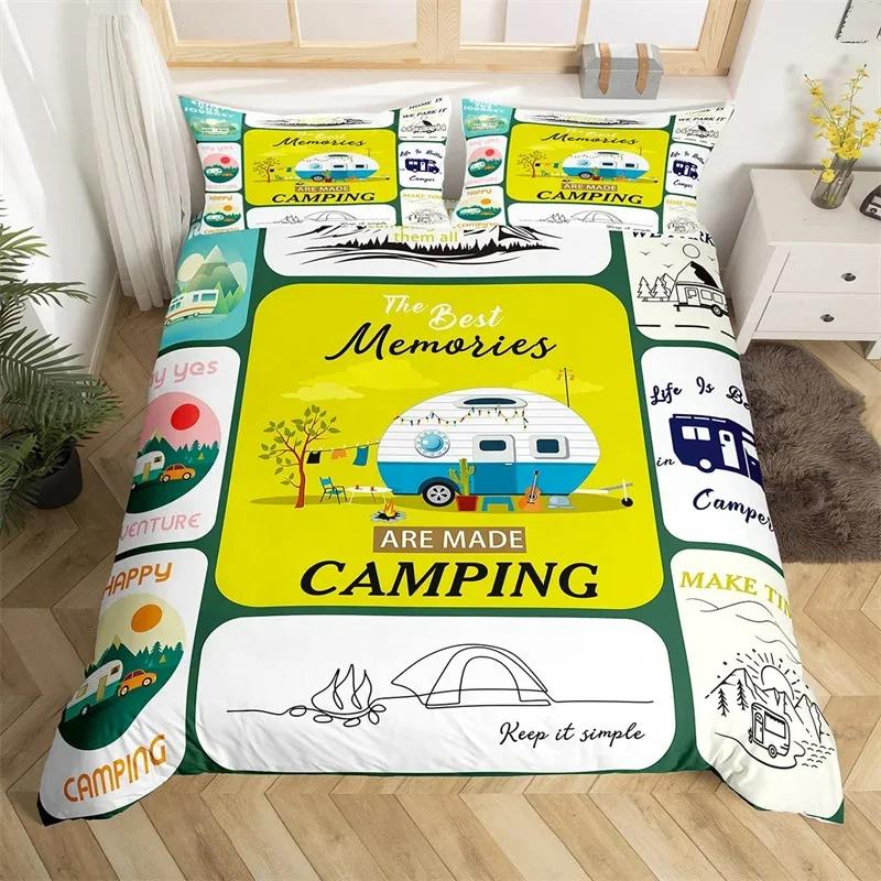 Happy Camping Duvet Cover Queen Twin Rv Camping Comforter Cover Camper Bedding Set Microfiber Bedspread Cover For Boys Girls