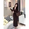 Spring and Autumn New Black V-Neck Knitted Dress Casual Female Slim Skinny Niche Long Dress