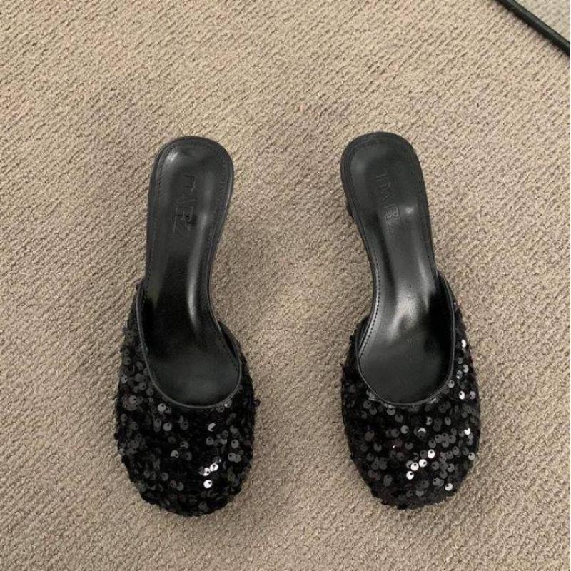 Сандалии розовые кристаллы летняя сексуальная обувь для женщин 2024 г. шлепанцы из горного хрусталя мюли женские тапочки драгоценности высокий каблук до 5 см нормальный F