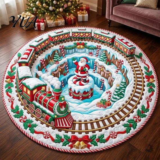 Anti-slip Floor Mat for Home Round 3D Christmas Rug, Vortex Optical Illusion Area Santa Snowman Staircase Holiday Decor Depth Pattern, Non-slip Living