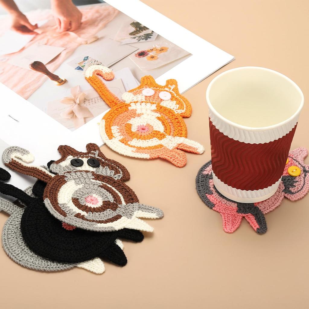 PATIKIL 3-Piece Cat Coaster Set, 15cm Cute Crocheted Cat Coasters, Desk Coaster for Adults, Home Decor, Drink Gift, Coffee, Pink Tone