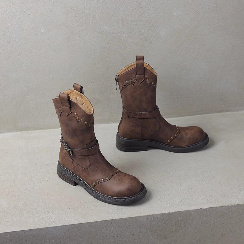 Новый стиль, модные женские винтажные коричневые кожаные женские ковбойские сапоги на платформе, рыцарские, с заклепками, панк, ковбойские, зимние женские сапоги