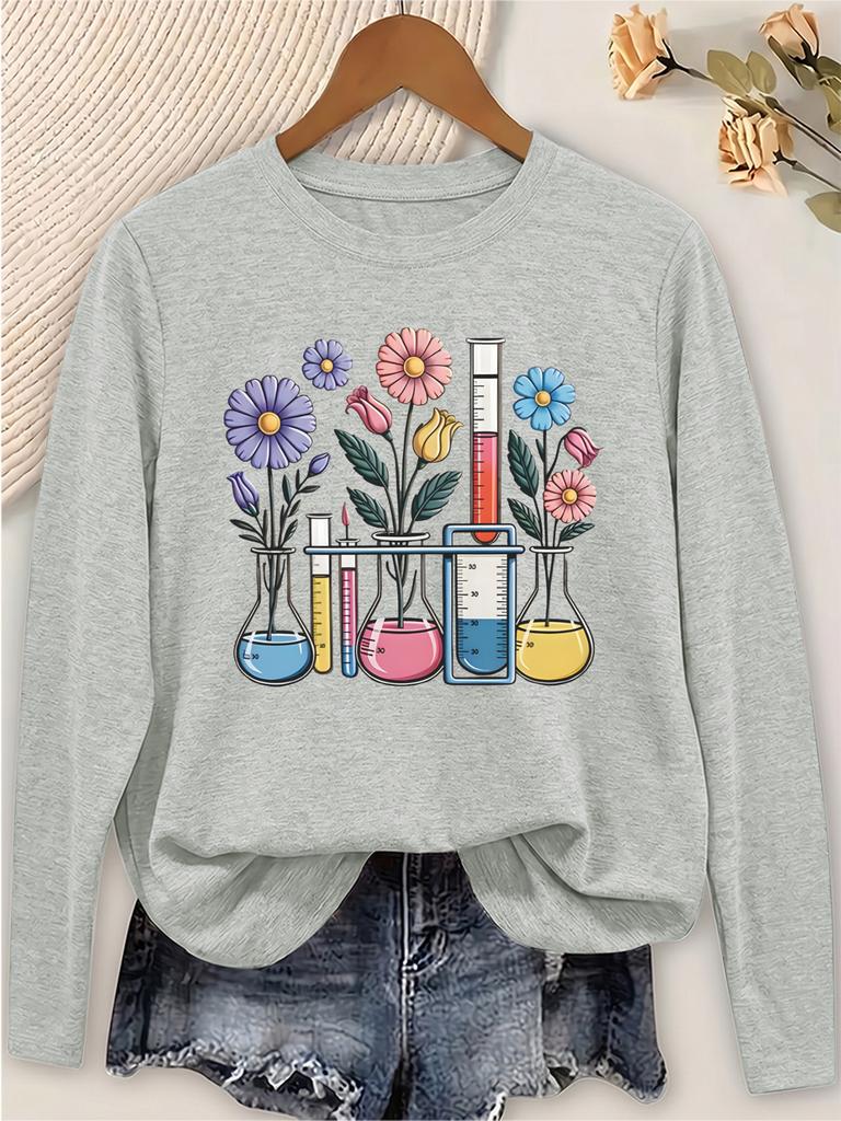 Women's Casual Long Sleeve Tee with Floral & Lab Glassware Print, Crew Neck Soft Minimalist Top for Commute Vacation Outdoor Daily Wear Gift,