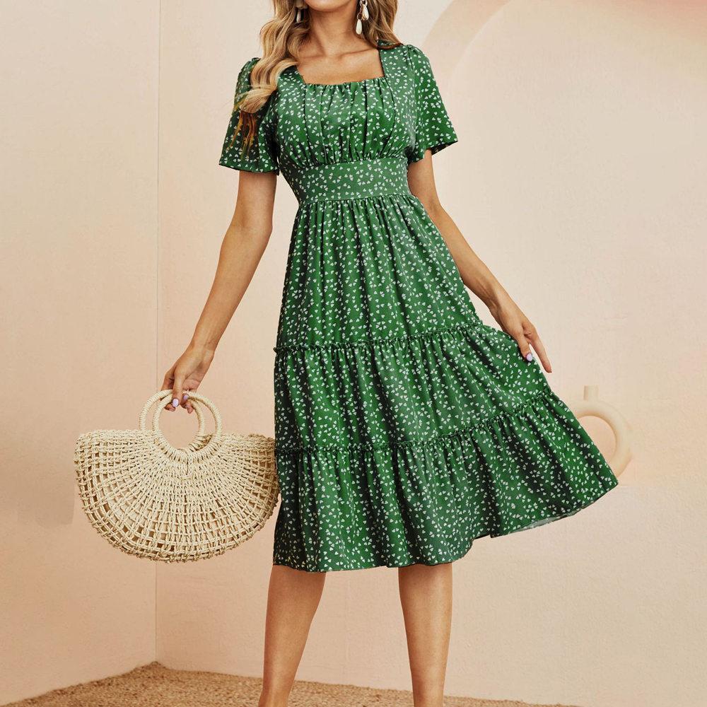 Summer Love Pattern Dot Print Dress Women Casual A-Line Short Sleeve Square Collar Ruffles Medium Long Chiffon Red Black Blue Green