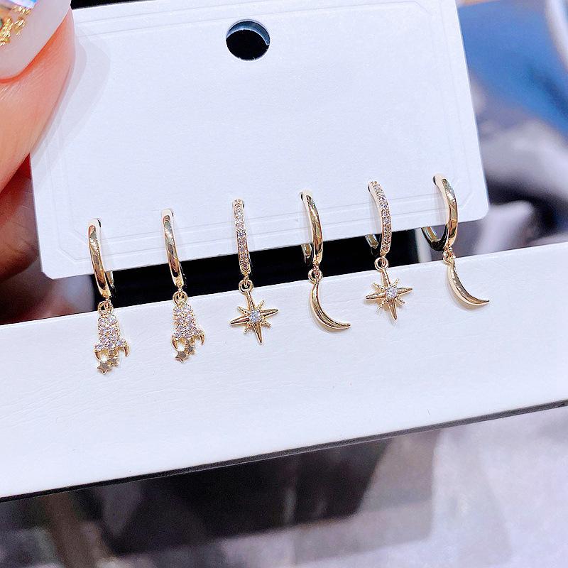 ANENJERY Zircon Rocket Stars Moon Hoop Earrings For Women Simple Shiny 6-piece Earring Set