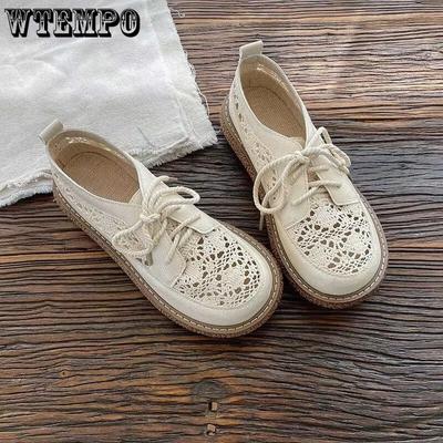 Обувь из сетчатой ткани. Дышащие сандалии с открытым верхом из хлопка и льна. Женские летние студенческие туфли на толстой подошве с большой головкой.