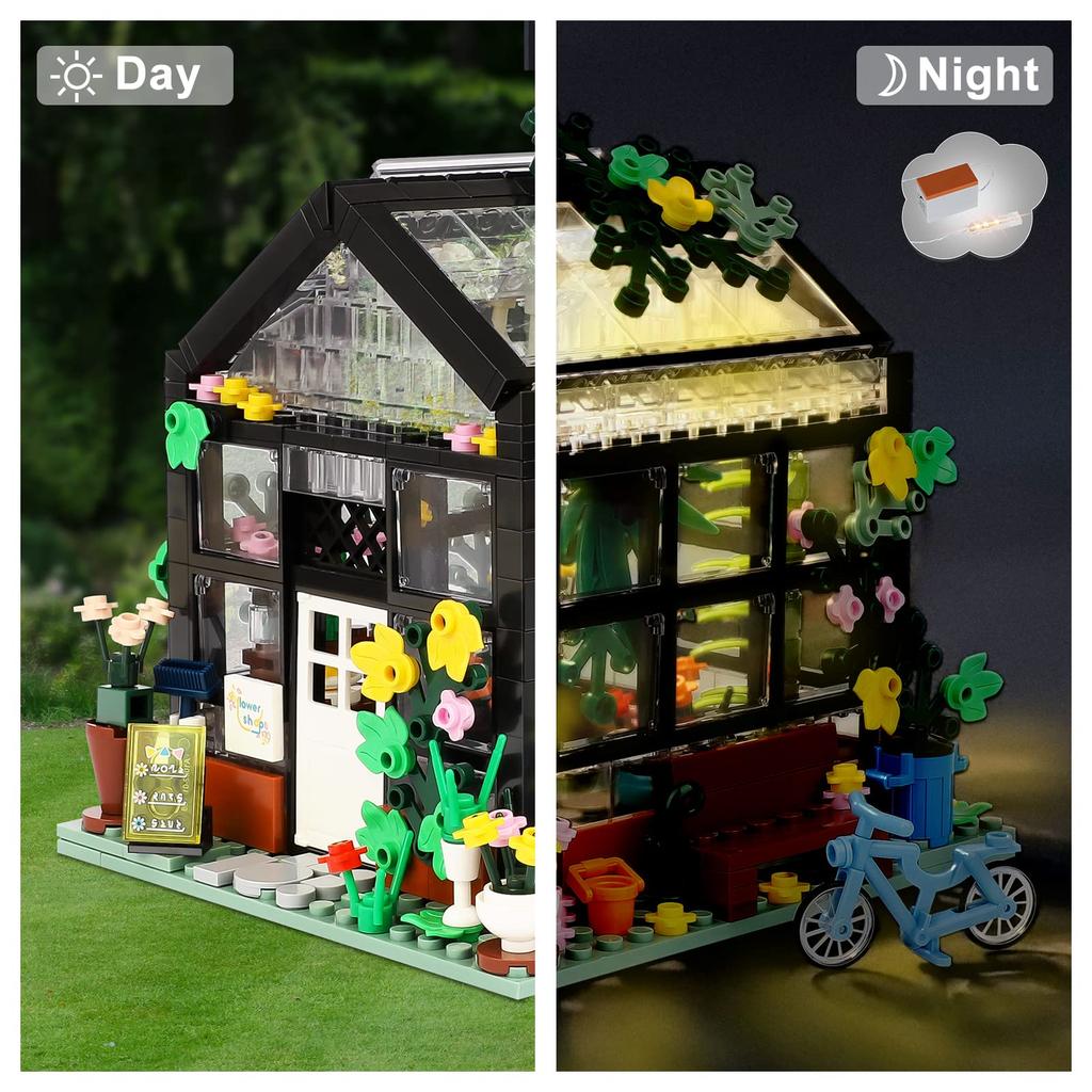 579PCS Creative House Coffee Shop Flower Store Architecture Building Block City Street View Bricks with LED Light Toys Gift