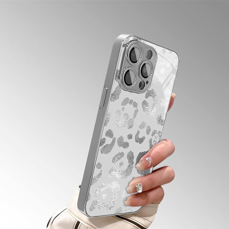 Серый чехол для телефона со стеклянным покрытием и принтом леопарда для iPhone 11 12 13 14 15 16 17 Pro Max 14 Plus 17 Air Посеребренная крышка