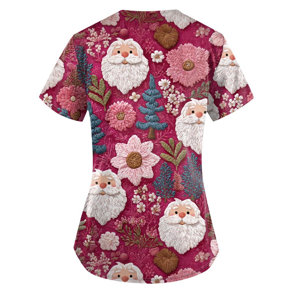 Женские топы с короткими рукавами и v-образным вырезом с рождественским принтом, рабочая блузка с карманами