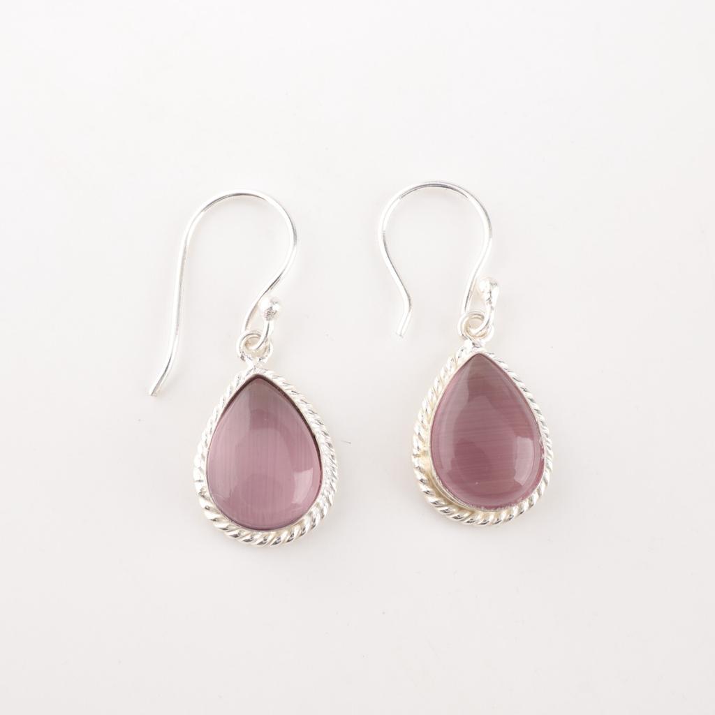Purple Cat's Eye Gemstone 925 Fine Silver Jewelry Handmade Dangle Earrings 1.40" EE-9-40