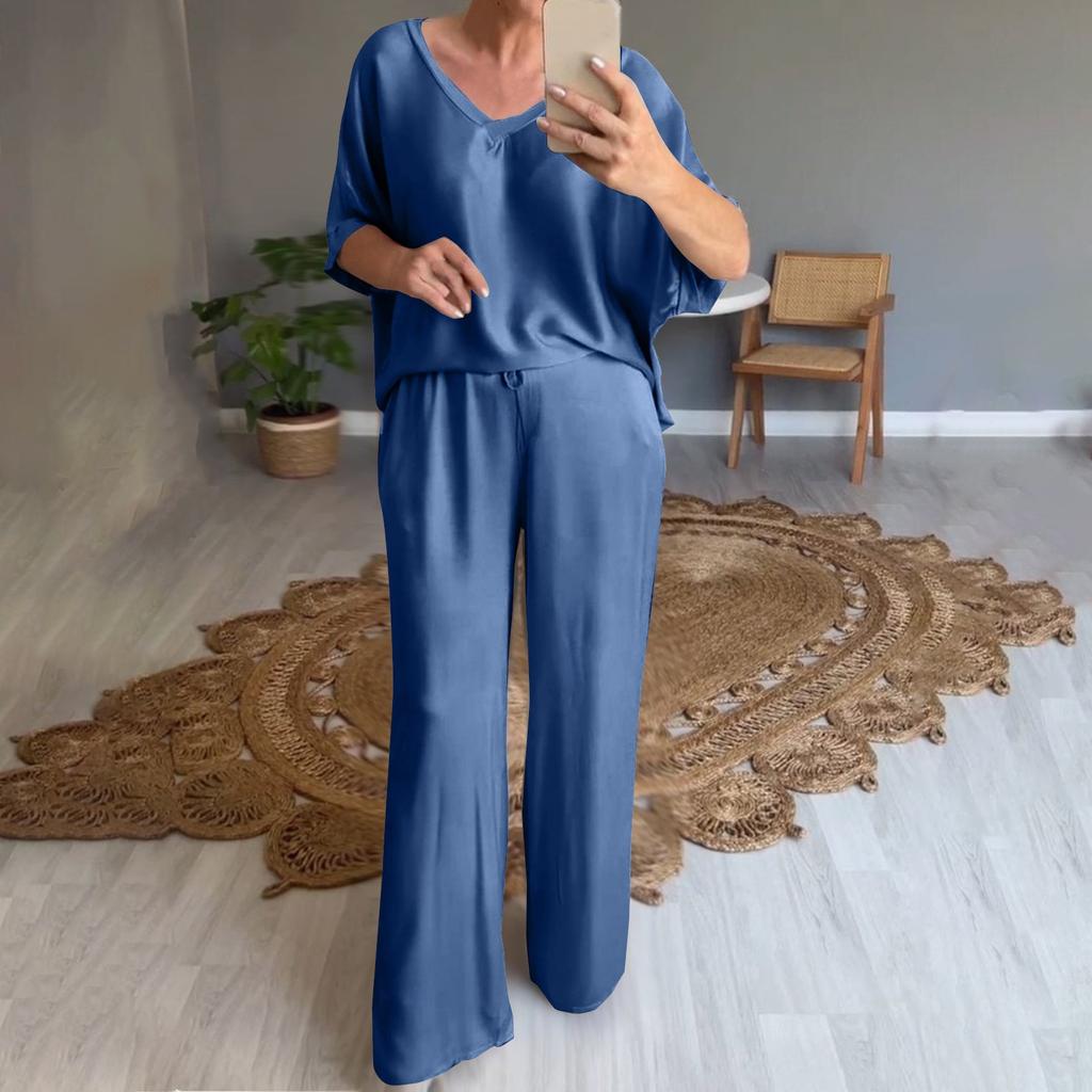 Женский свободный пуловер с v-образным вырезом, повседневный модный костюм с длинными брюками и короткими рукавами