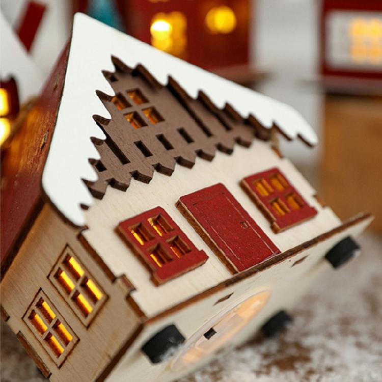 Wood Christmas Cabin with Light Elegant Christmas Village Wood Houses with Soft Lighting Indoor Decors Gift
