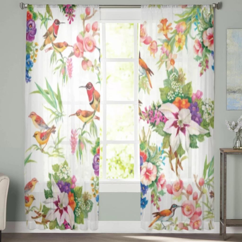 Тюлевые оконные шторы с дикими экзотическими птицами и цветами для гостиной, прозрачная занавеска из пряжи для спальни, кухни, драпировка, декор