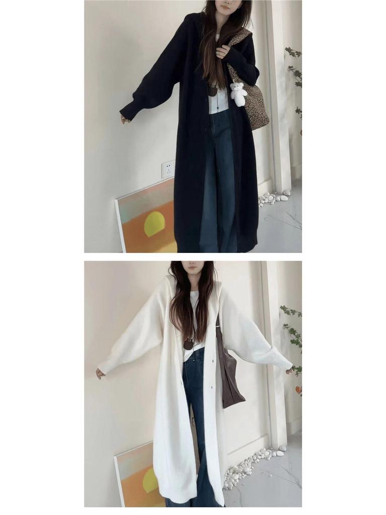 Cozy Hooded Long Knit Cardigan - Thick, Loose Mid-Length Sweater for Autumn/Winter