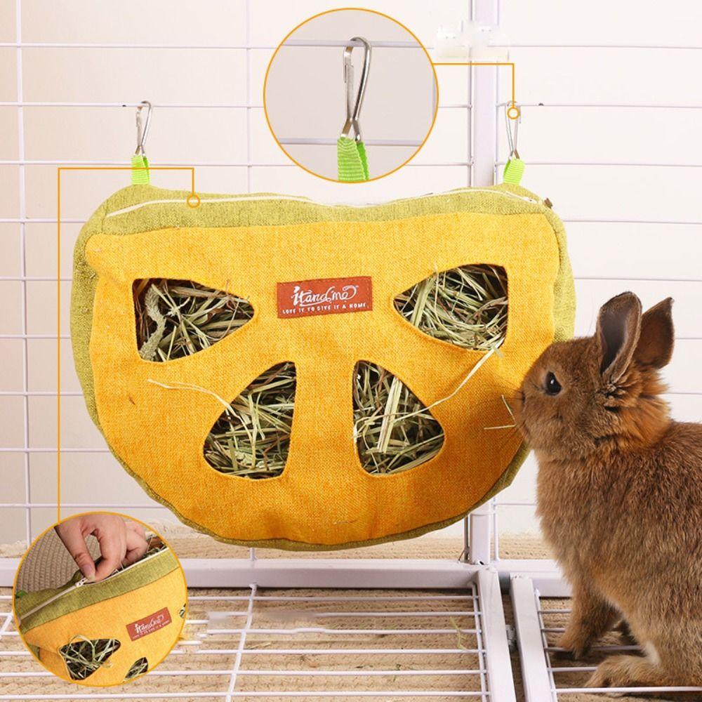 Washable Hay Bag Feeder Wear Resistant Small Animal Feeder 4-Hole Feeding Bag  for Pet Cage