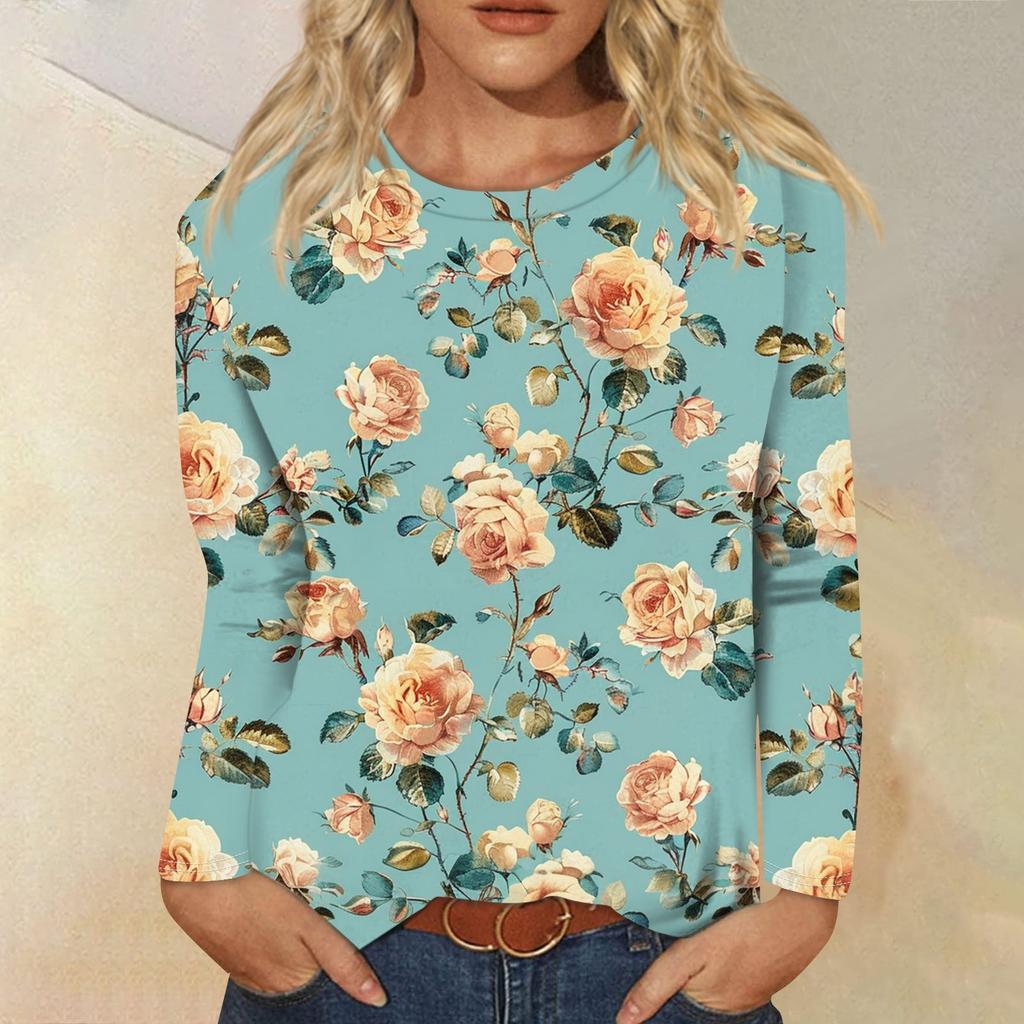 Женская мода Повседневная ретро-принт с круглым вырезом и длинным рукавом Декоративная футболка Топ