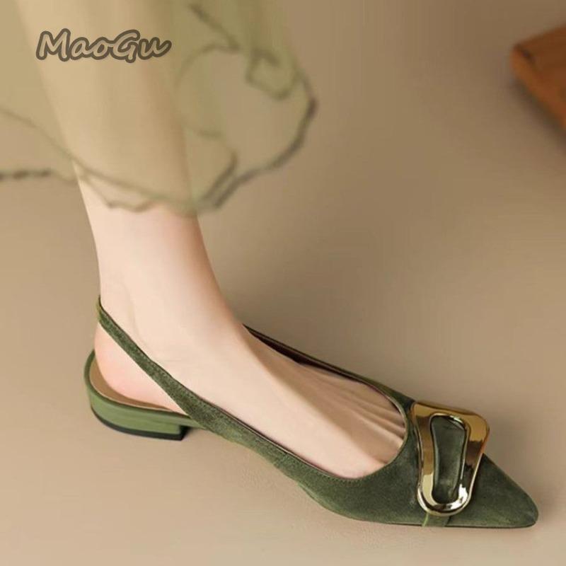 Suede Women Shoes Pointed Toe Sandals 2025 Summer Slingback Dress Shoes Casual Slip On Pumps Low Heel Chaussure Femme