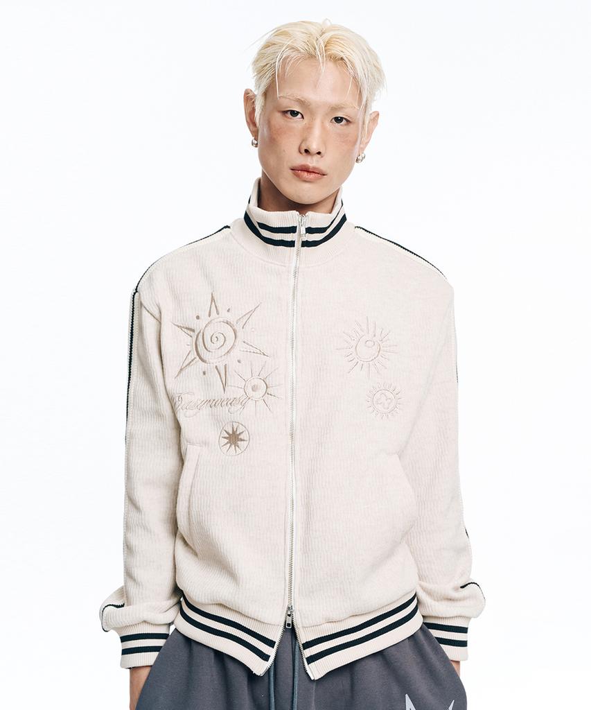 EASY NO EASY Embroidered Track Zip-Up Knit - Ivory