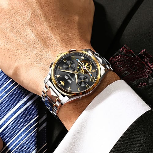 Men's Stylish Business Watch, Automatic Movement, Tungsten Tungsten Crystal, Sapphire Crystal, 5 ATM Water Resistance, Calendar Function, Luminous Fun