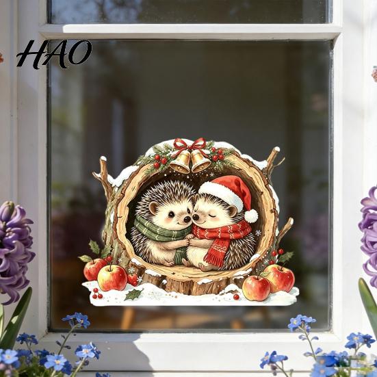 Waterproof Holiday Glass Decor Watercolor Christmas Hedgehog Static Window Cling, Cozy Tree Hole Winter Atmosphere Scenes Sticker, No?Glue