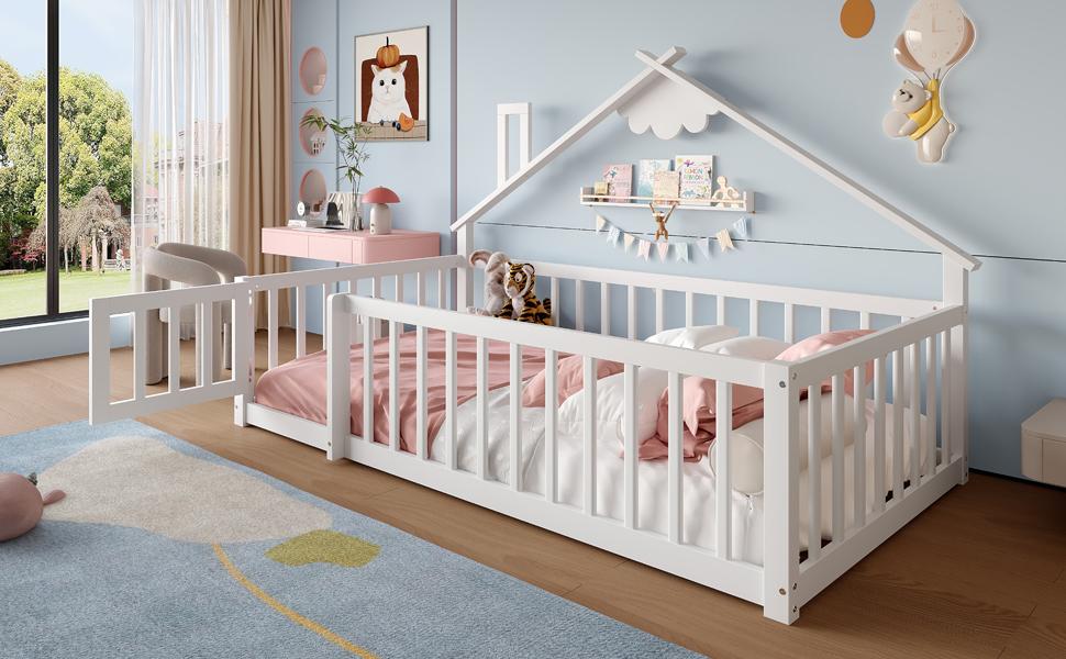 Low Bed, 90x190 cm, Children's Bed, House Rail, Railing with Lock, Pine Wood, White