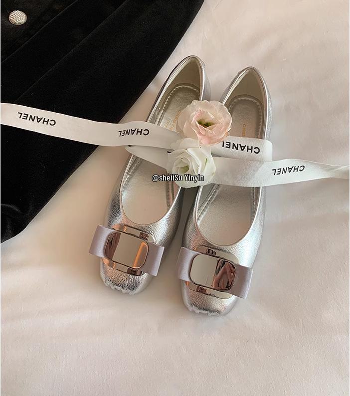 Весна 2025 Кожаные балетки Мэри Джейн с бантом и квадратным носком