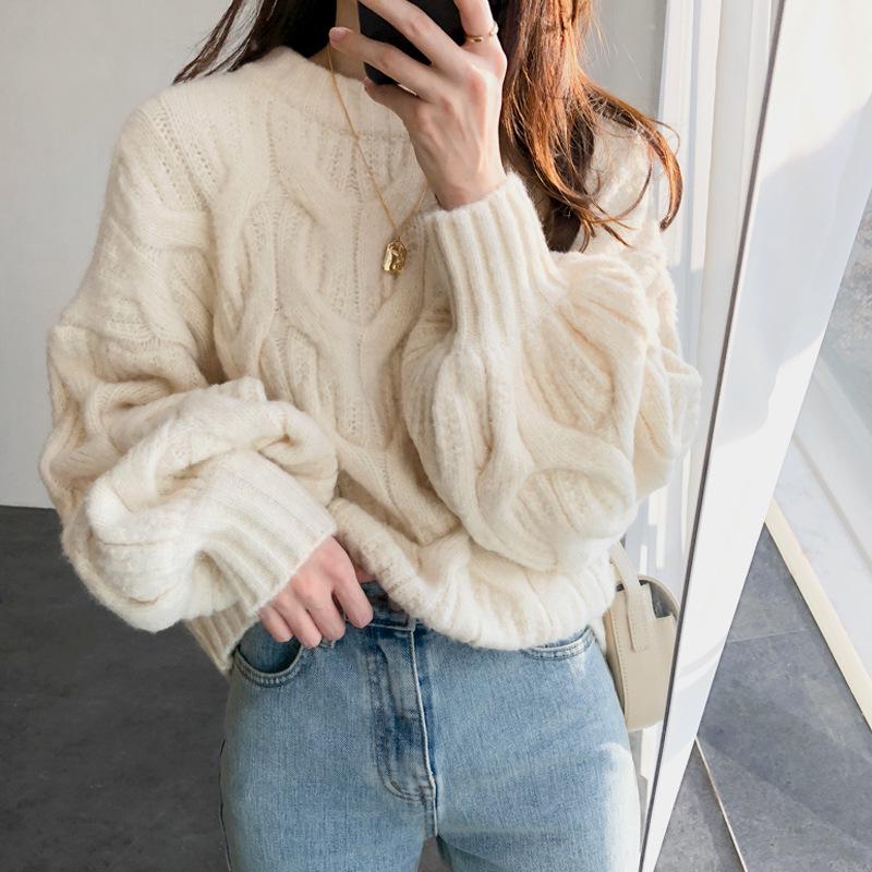 Women's Lantern Sleeve Cable Knit Cardigan - Autumn/Winter Korean Loose Style Sweater