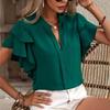 Elegant V-neck Women Blouse Summer 2025 Casual Solid Color Top with Double Layered Ruffle Sleeves Pullover Shirt