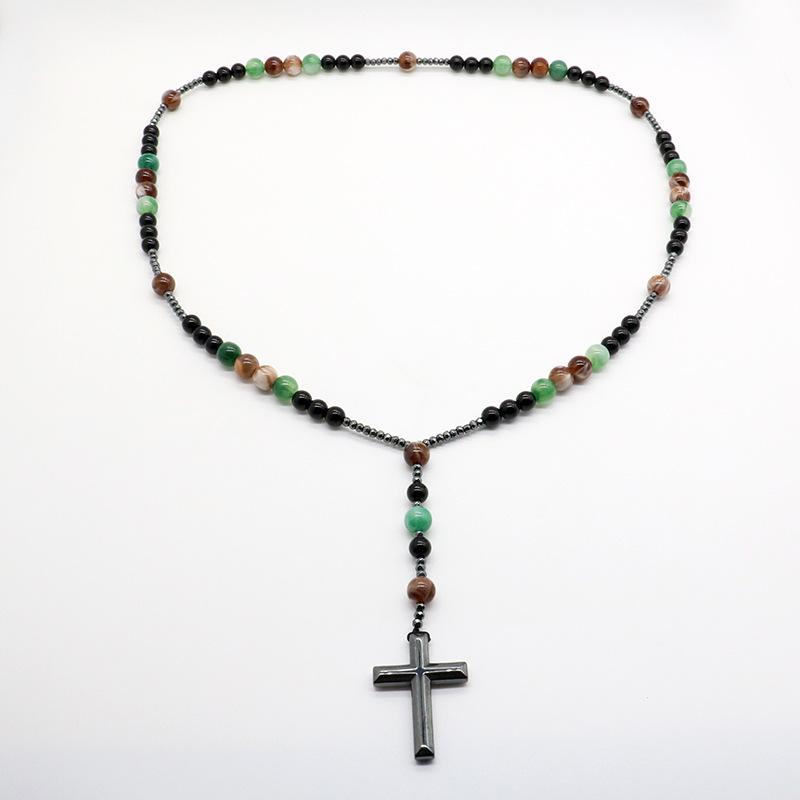 Natural Tiger Eye Volcanic Stone Beaded Rosary Necklace Alloy Cross Pendant Long Sweater Chain Unisex Religious Fashion Jewelry