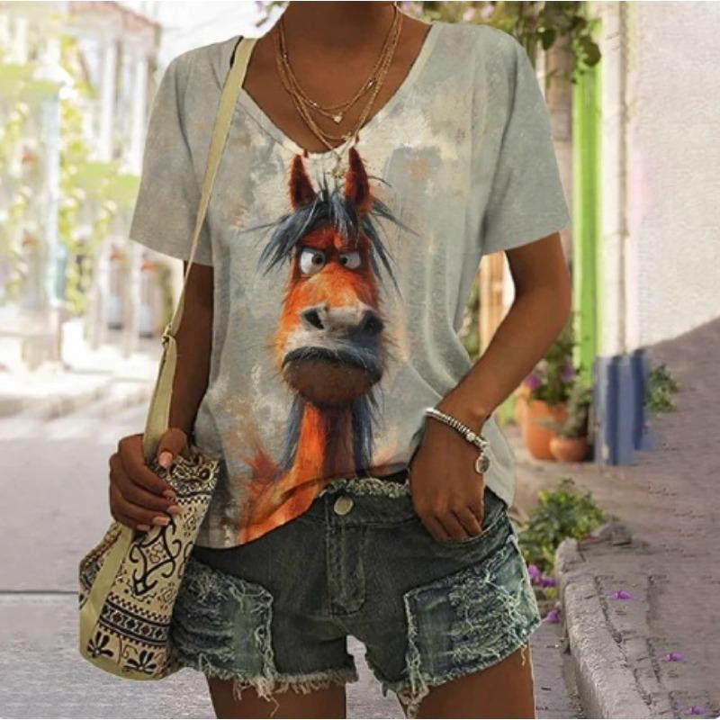 Summer V-neck 3D Animal Flower Printed Top Fashionable Casual Short Sleeved Women's T-shirts